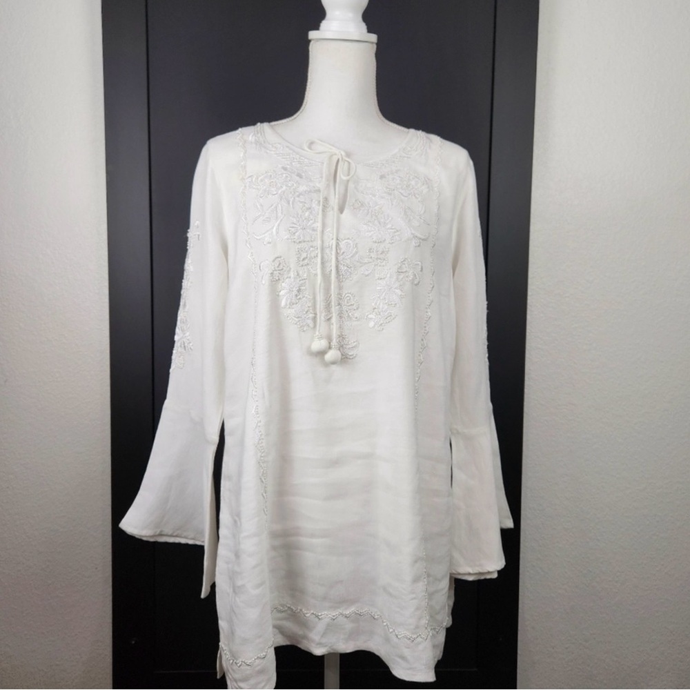 SOFT Surroundings White Angelcore Embroidered & Beaded Pullover Tunic SZ M